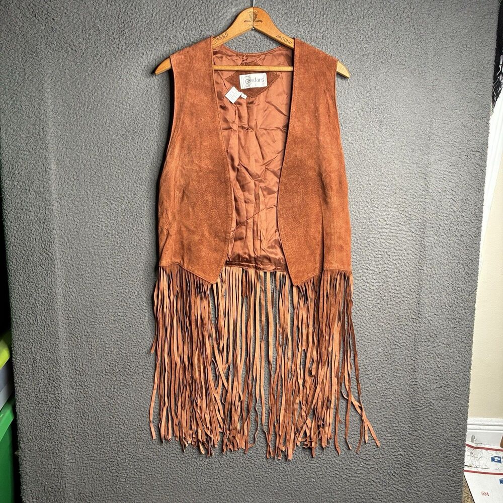 Vintage 70s Berman Medium Brown Suede Leather Vest Beaded Fringe Hippie Lady